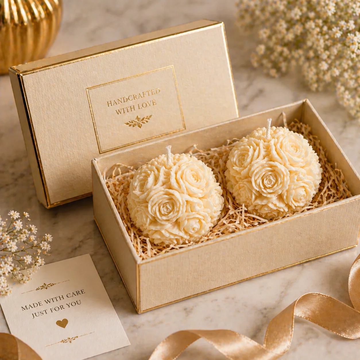 Handcrafted Rose Ball Candle  (5cm, 75gm Each) – Elegant Floral Decorative Candles for Home Decor