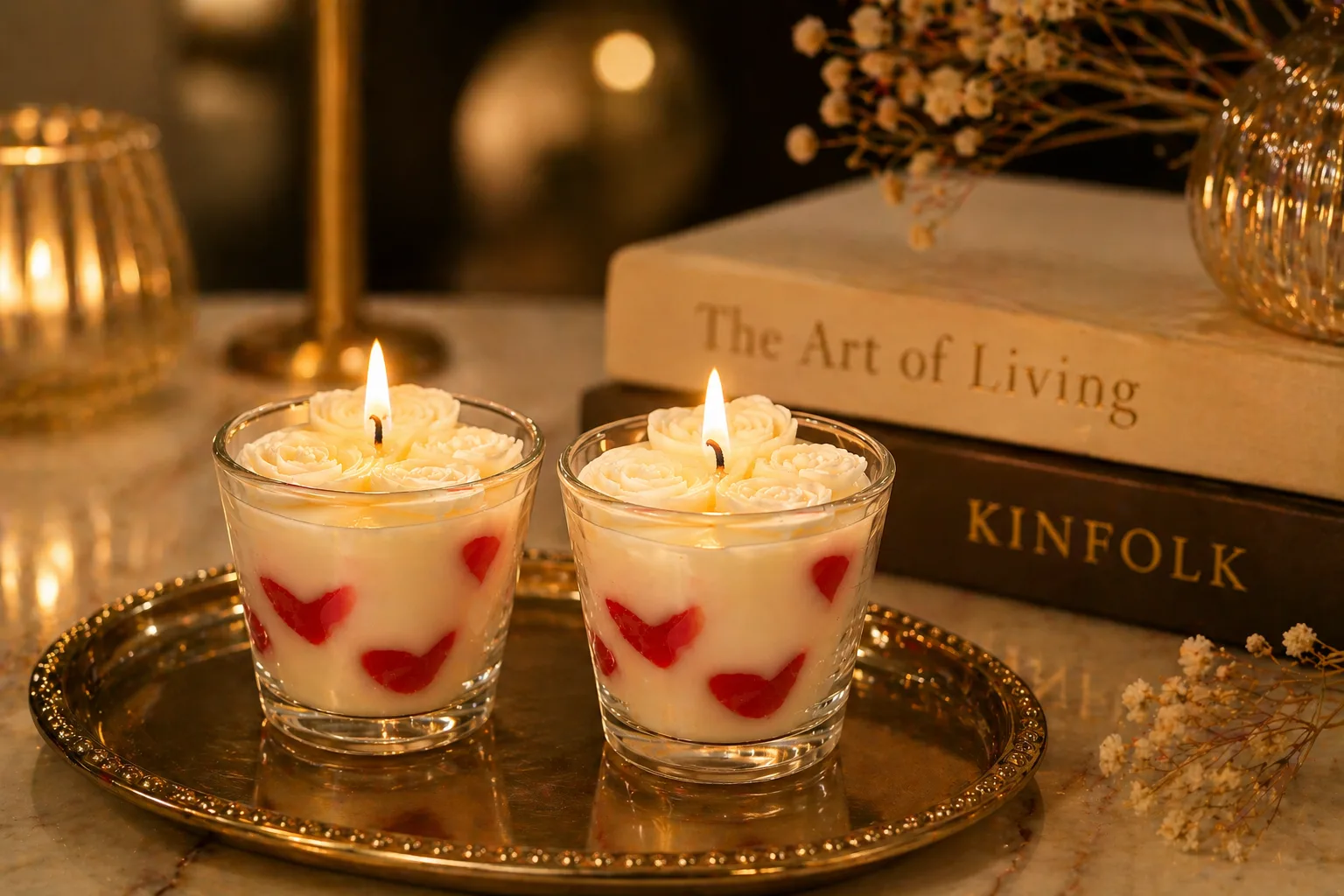 Handcrafted Rose Candle Set of 2 in Glass Jar – Decorative Soy Wax Candles with Heart Design – Luxury Home Décor & Gift Set for Diwali, Birthday, Anniversary