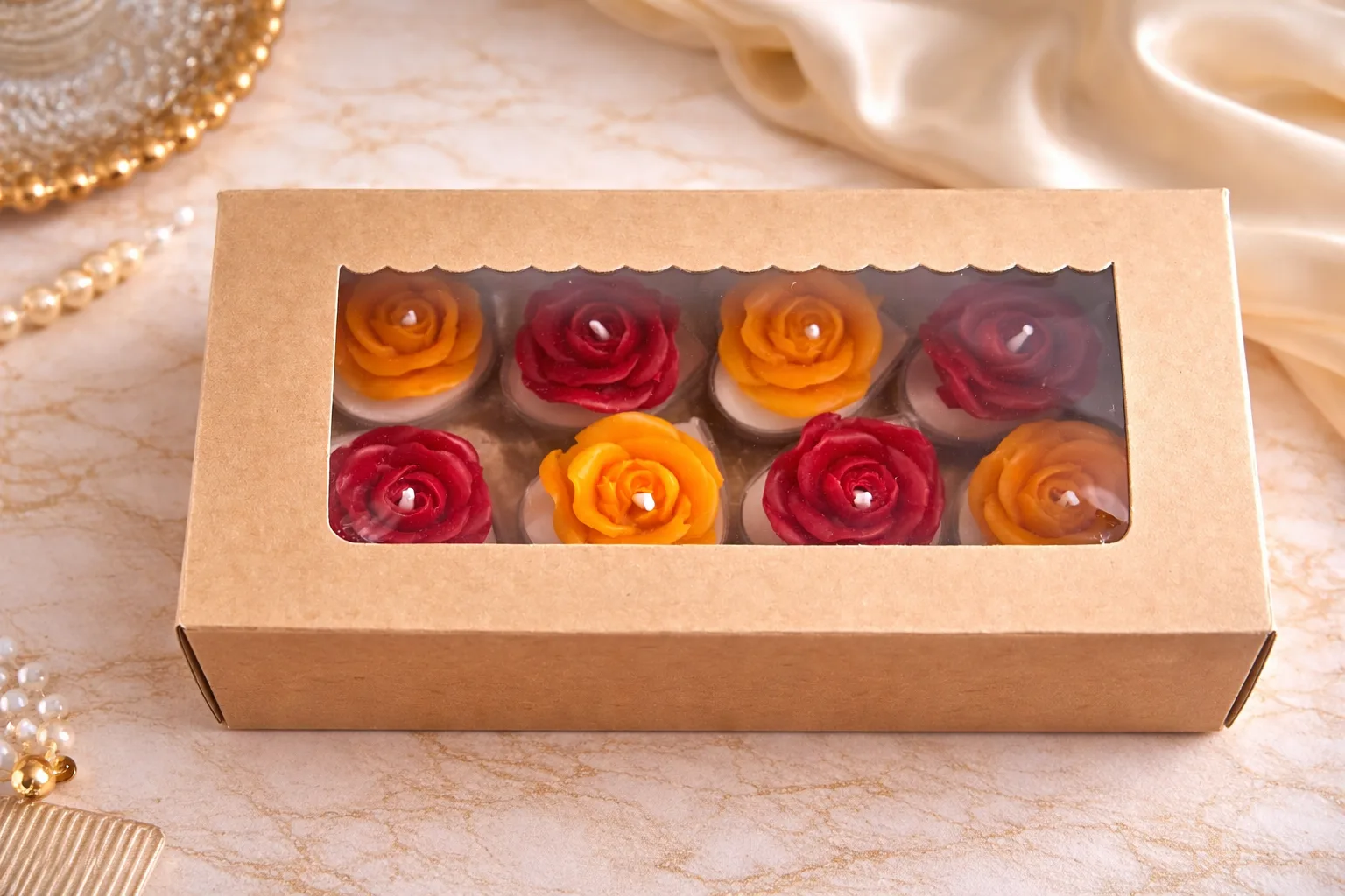 Set of 8 Multicolor Rose Scented Tealight Candles in Heart-Shaped Cups