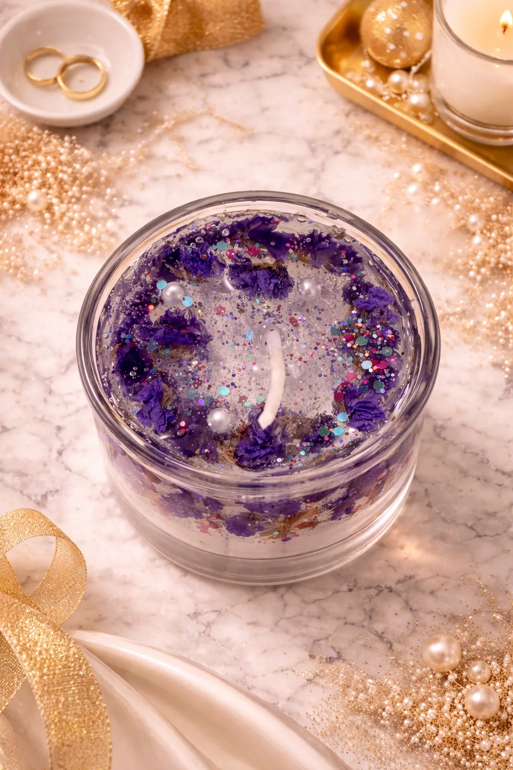 Handmade Gel Candle with Dried Flowers (7.5cm x 5cm) – Purple Floral Design