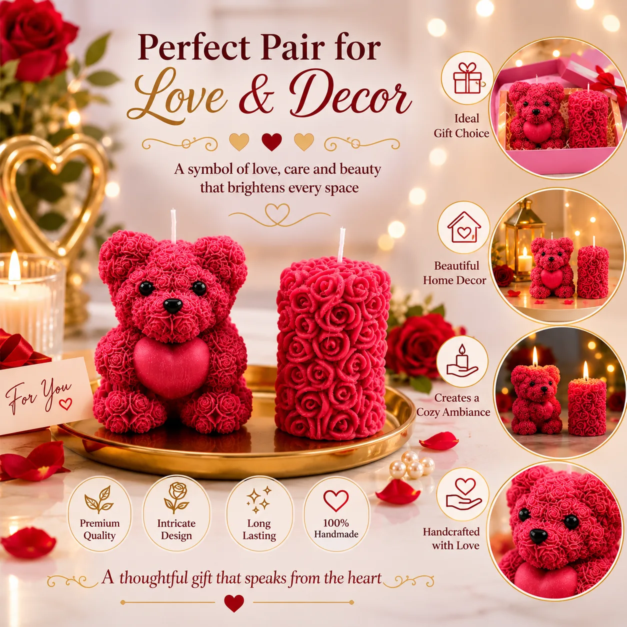 Handcrafted Rose Teddy Bear & Rose Pillar Candle Gift Set