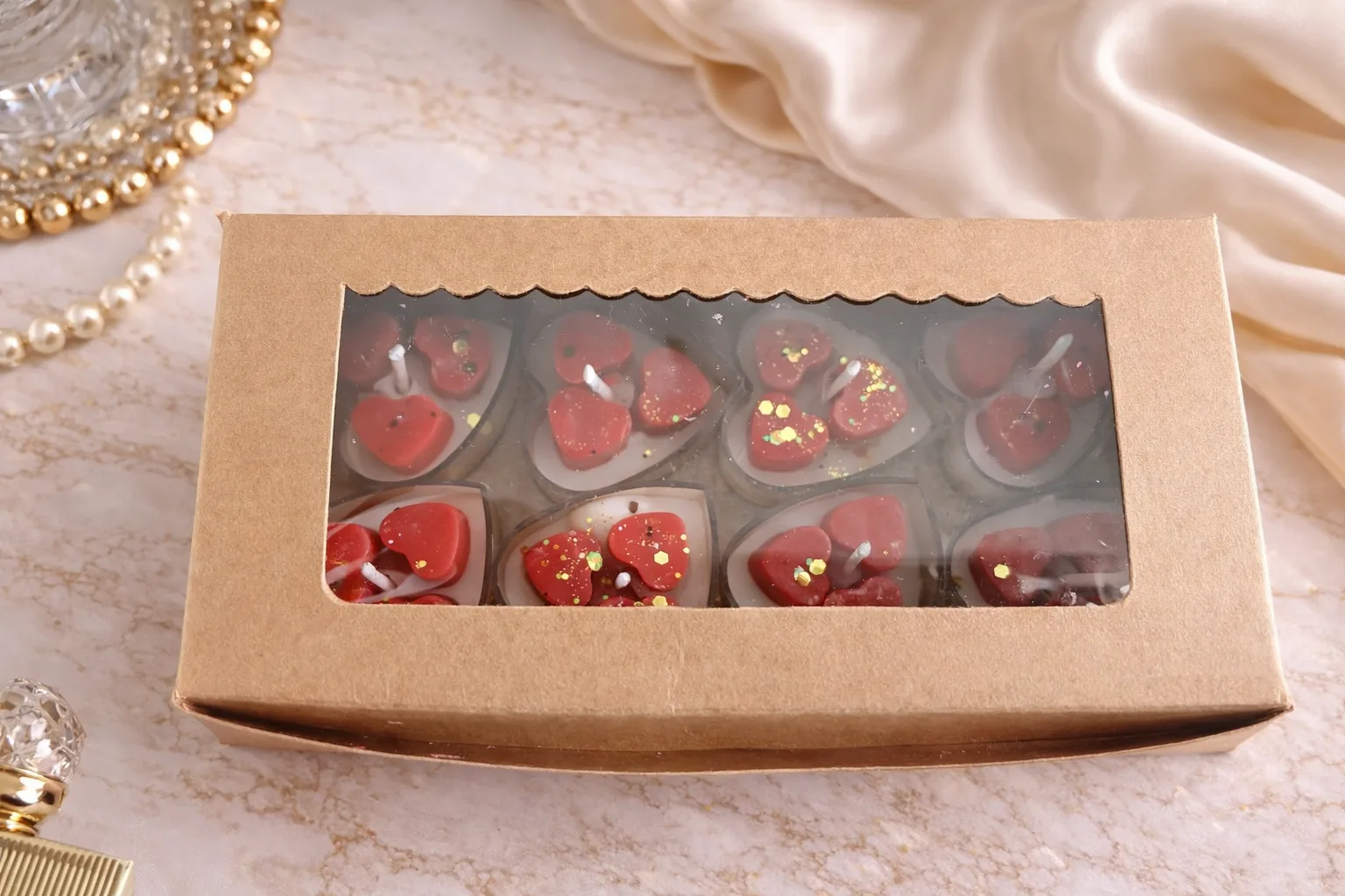 Set of 8 Heart Design Scented Tealight Candles with Mini Heart Embellishments