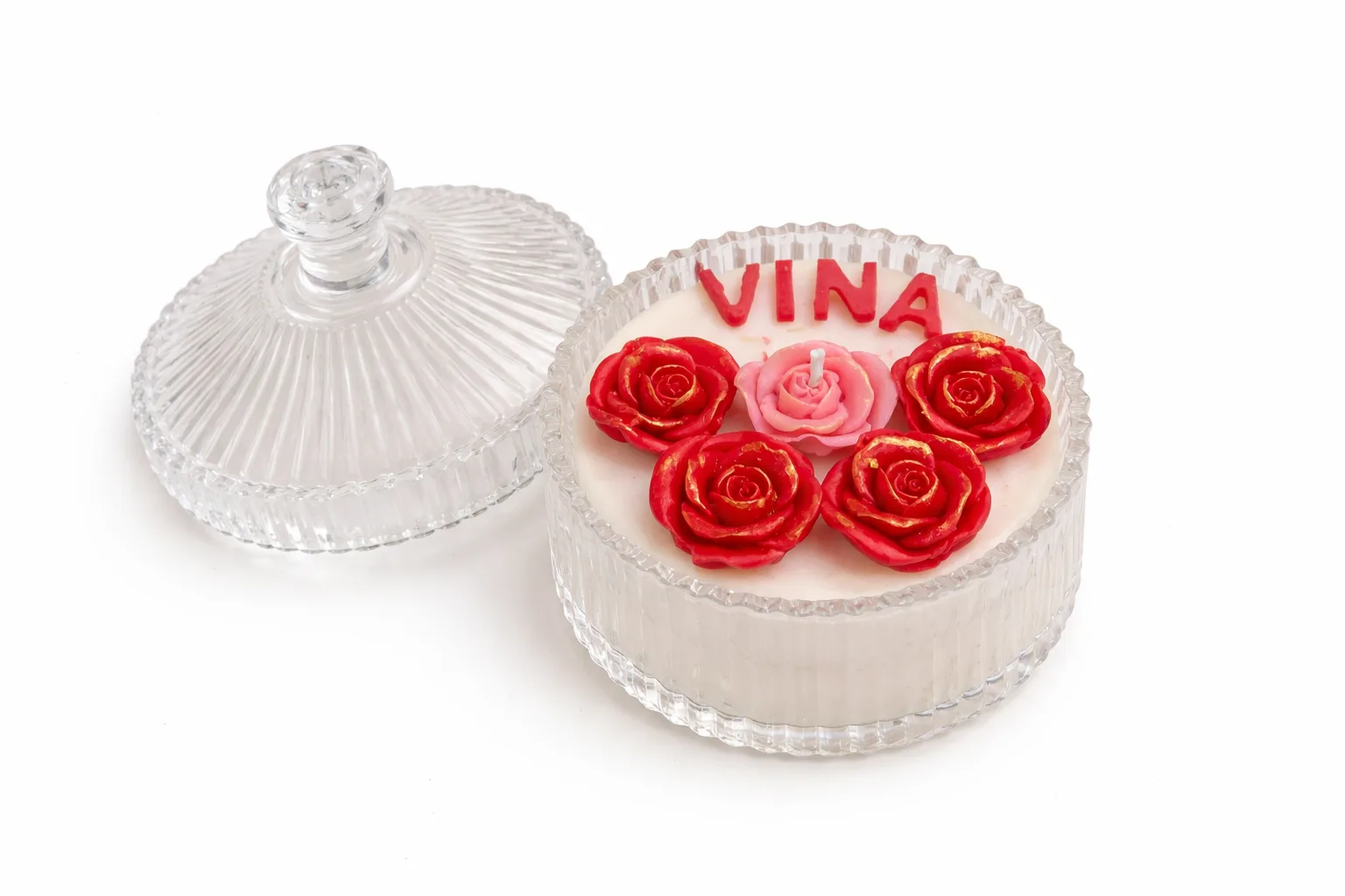 Personalized Floral Candle in Cut Glass Bowl with Lid – 10 cm x 10 cm