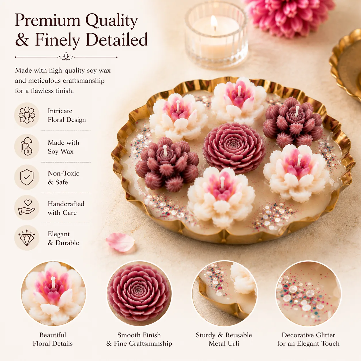 Handcrafted Floral Urli Candle Set of 3 – Decorative Metal Urli Bowls with Wax Flower Art