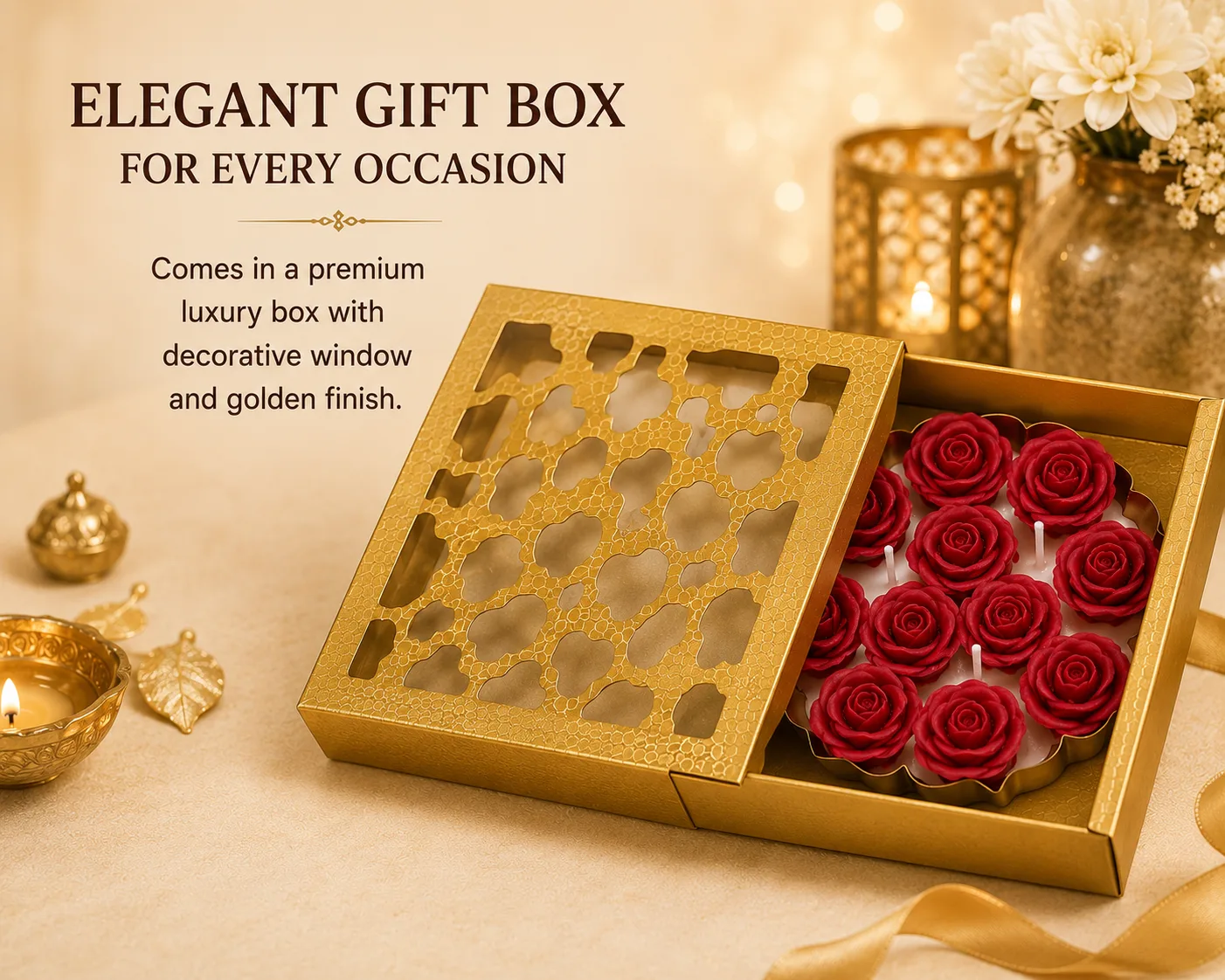 Luxury Floral Urli Candle Gift Box – Handmade Scented Rose Flower Candles in Decorative Metal