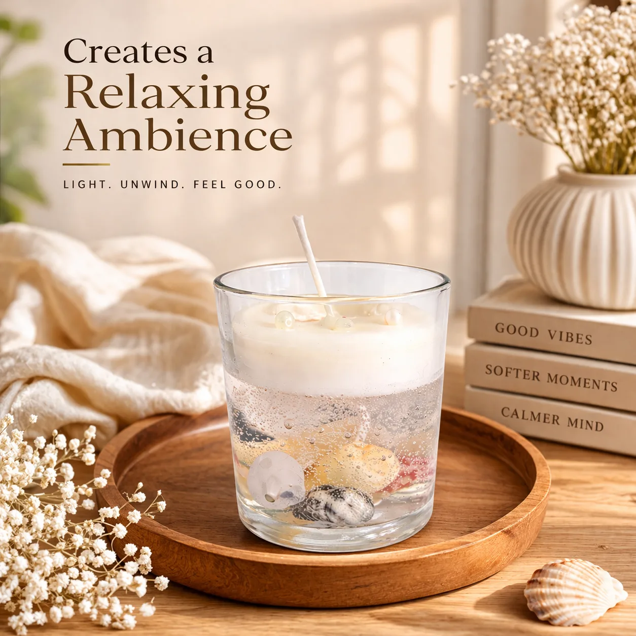Handmade Gel Wax Candle with Real Seashells in Glass Jar – Decorative Scented Candle for Home Décor, Gifting, Relaxation – 8.5 cm x 7 cm