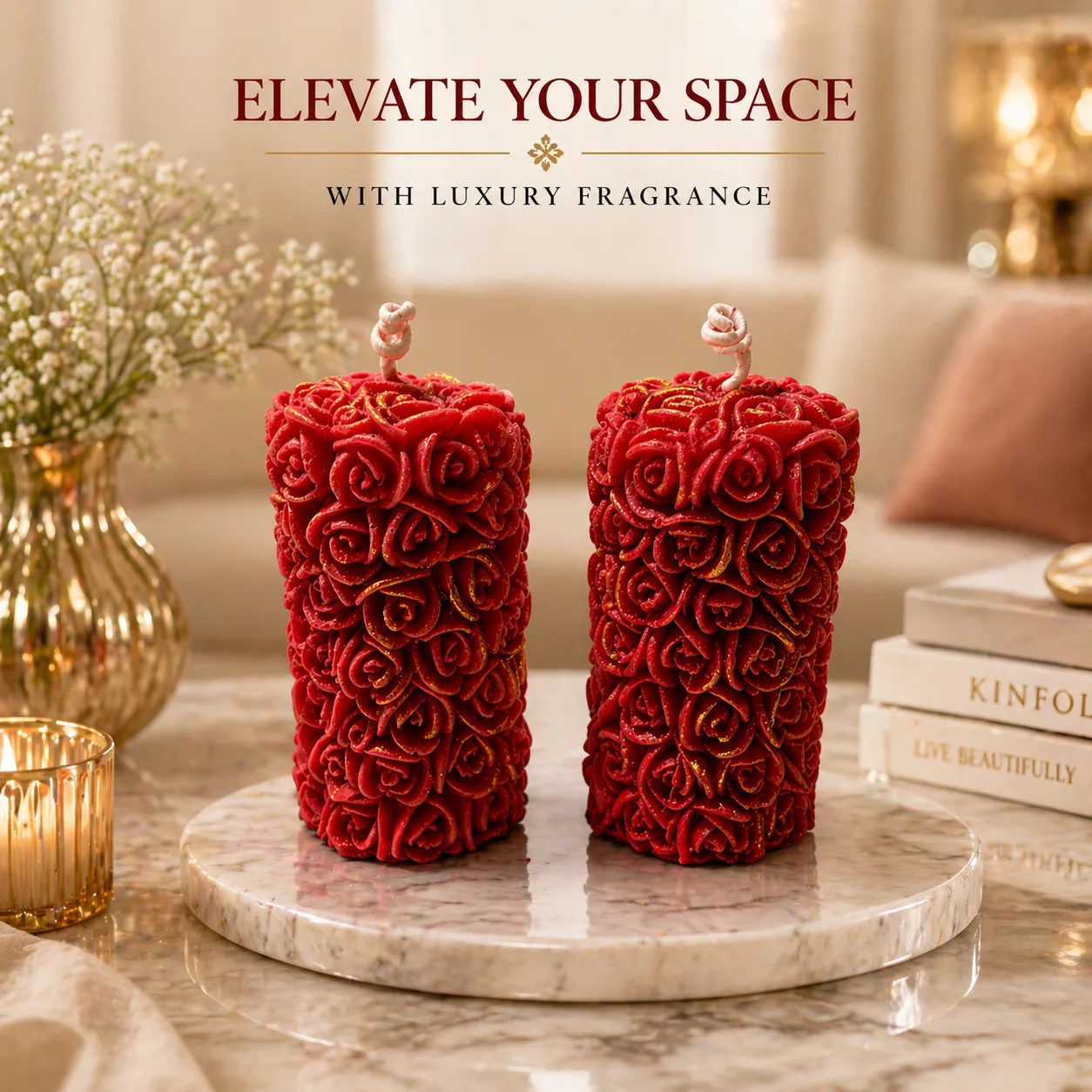 Luxury Rose Pillar Candles Set of 2 (11cm x 5.5cm)