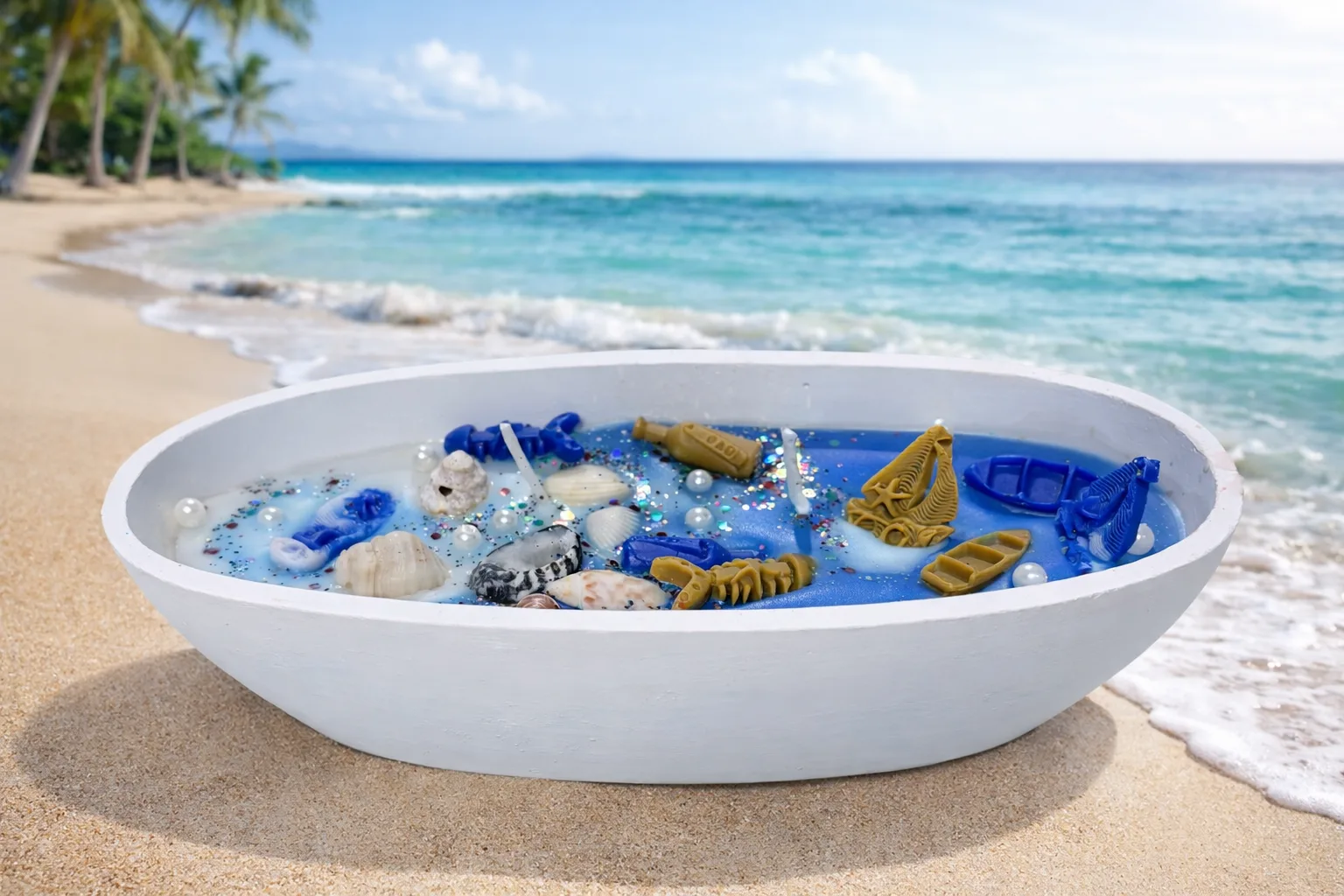 Handcrafted Ocean Soy Wax Candle in Decorative Bowl – Coastal Seashell Candle with Casting Art Mini Boats & Pearl Accents – Luxury Beach Theme Home Décor Gift