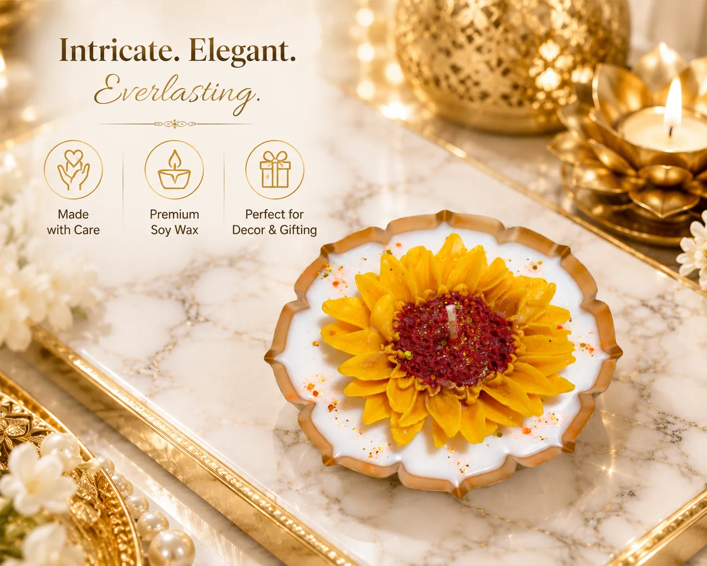 Sunflower Urli Candle – Decorative Floral Soy Wax Candle in Gold Metal Urli