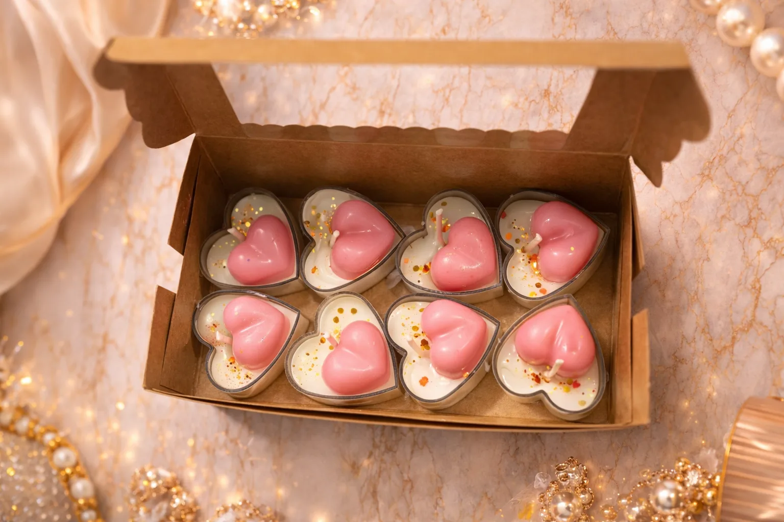 Set of 8 Pink Heart Scented Tealight Candles in Heart-Shaped Cups