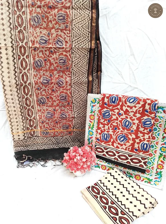 Bagru Bloom Hand Block Printed Cotton Unstitched Suit Set with Kota Doriya Dupatta | 3-Piece Dress Material