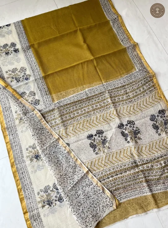 Hand Block Printed Kota Doria Cotton Saree with Blouse Piece