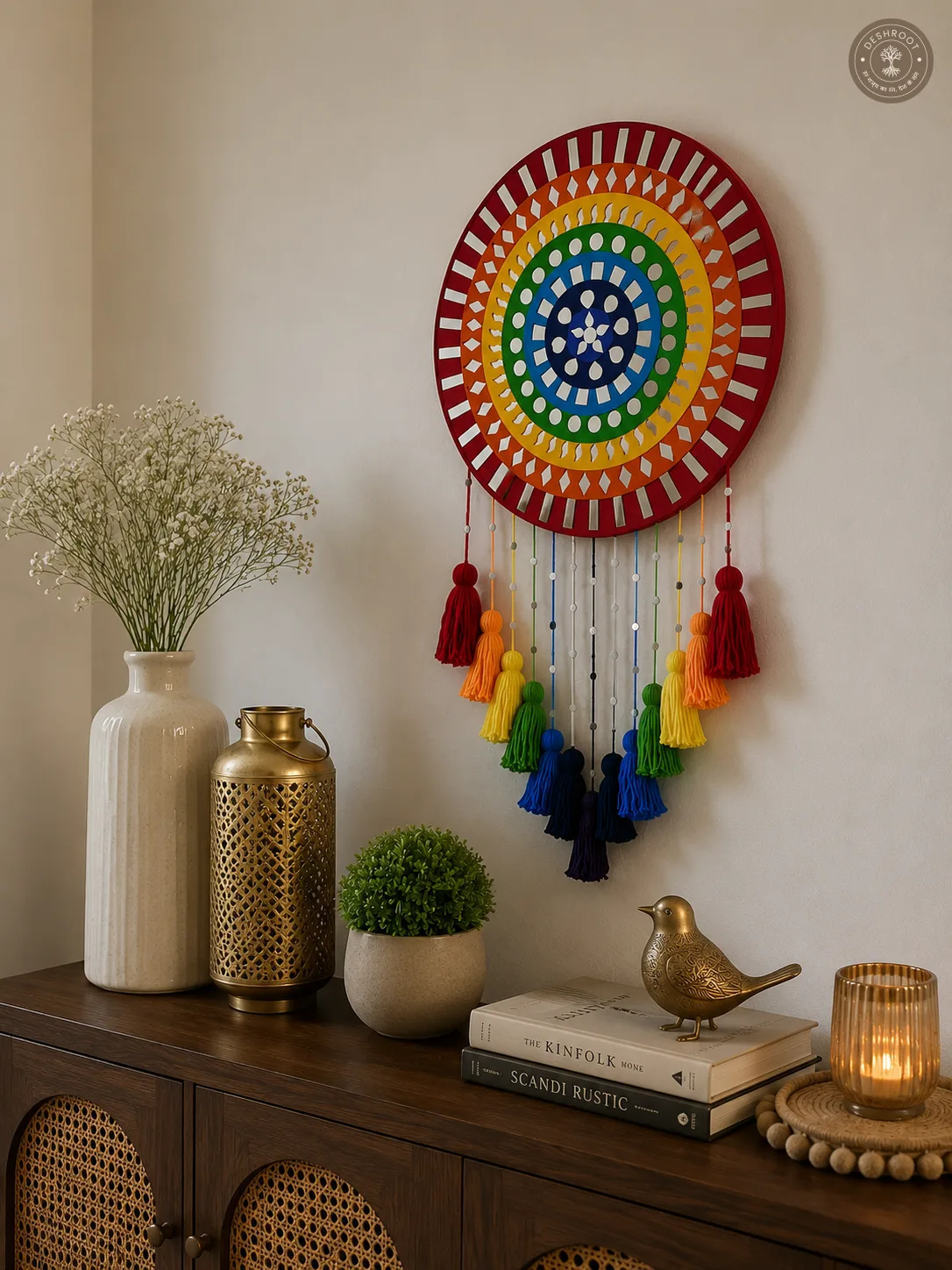 Handcrafted Rainbow Mandala Dreamcatcher Wall Hanging