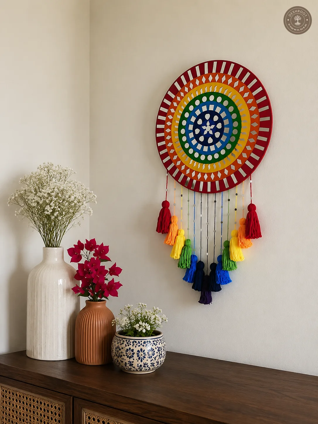 Handcrafted Rainbow Mandala Dreamcatcher Wall Hanging