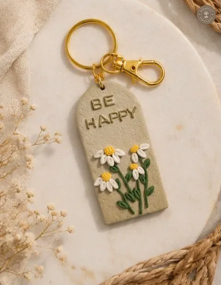 Handcrafted "Be Happy" Floral Clay Keychain