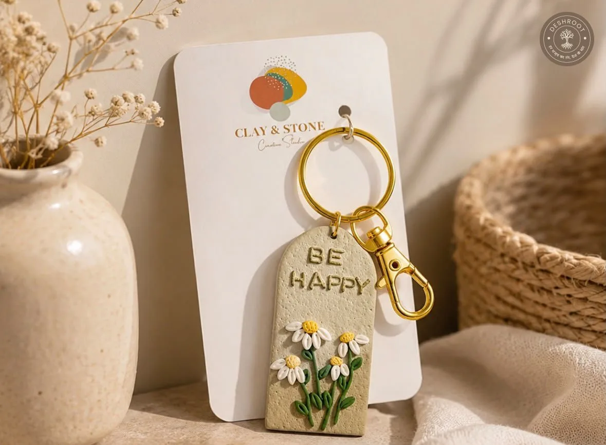 Handcrafted "Be Happy" Floral Clay Keychain