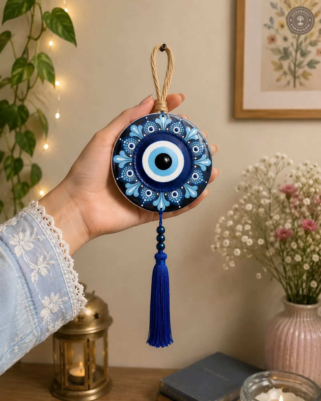 Handcrafted Evil Eye Protection Wall Hanging with Blue Tassel