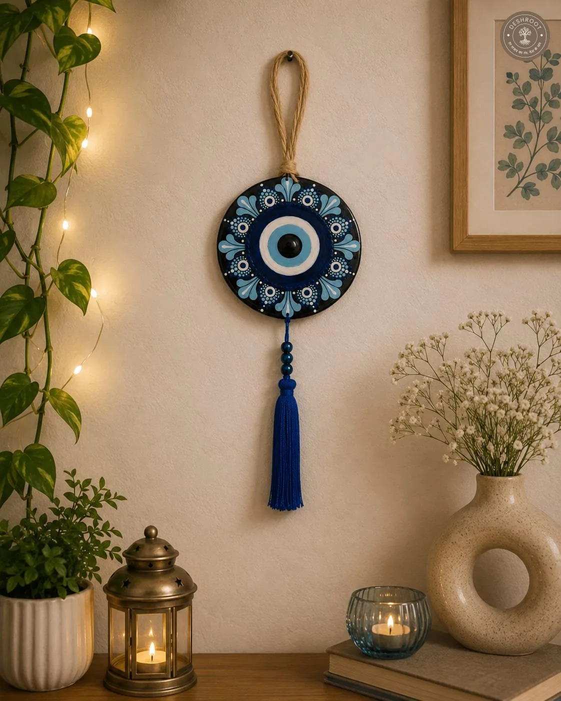 Handcrafted Evil Eye Protection Wall Hanging with Blue Tassel