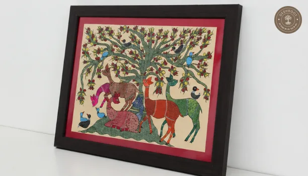 Framed Tribal Folk Art Painting – Deer Under the Tree of Life