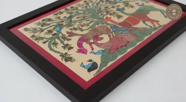 Framed Tribal Folk Art Painting – Deer Under the Tree of Life