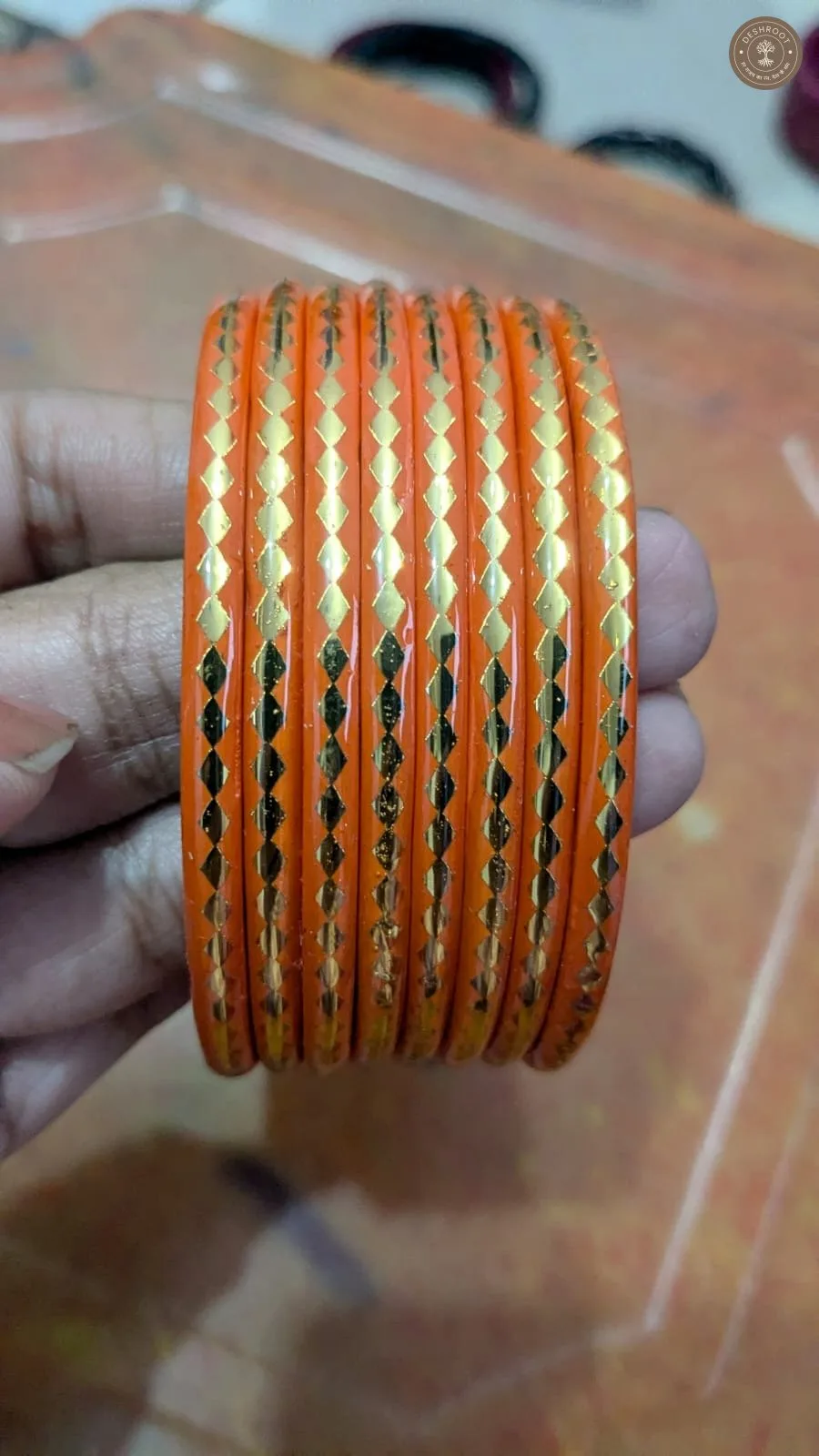 Sunrise Glow Gold-Pattern Orange Bangle Set