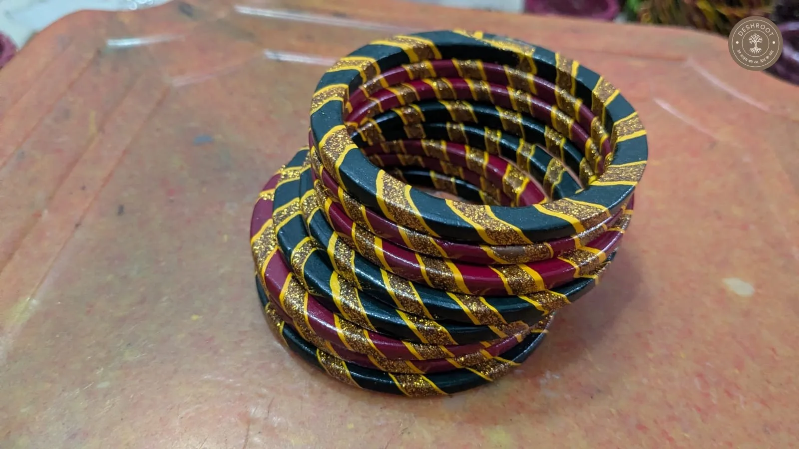 Midnight Maroon Glitter Stripe Bangle Set