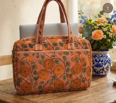 Peach Sunflower Quilted Laptop Bag