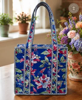 Royal Blue Floral Quilted Lunch Box Hand Bag