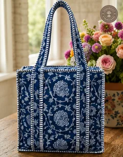 Indigo Floral Quilted Lunch Box Hand Bag