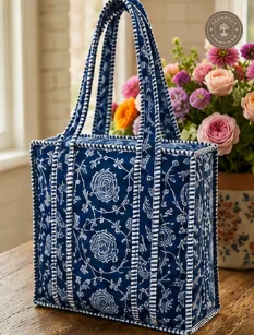 Indigo Floral Quilted Lunch Box Hand Bag