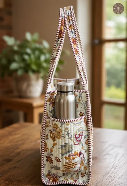 Handcrafted Quilted Floral Cotton Tote Bag with Bottle Pocket