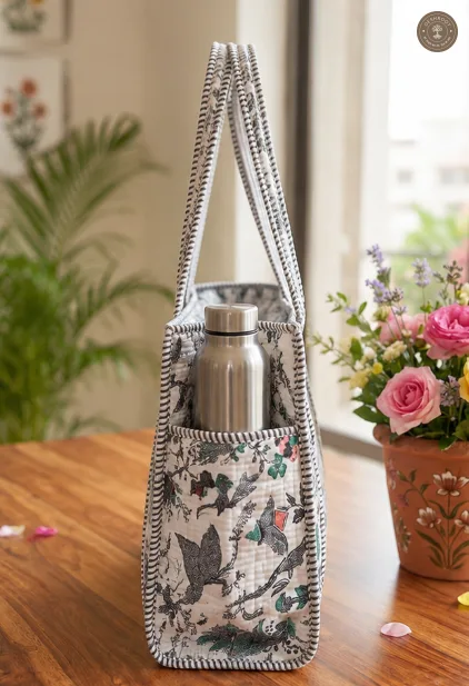 Handcrafted Quilted Botanical Cotton Tote Bag with Bottle Pocket