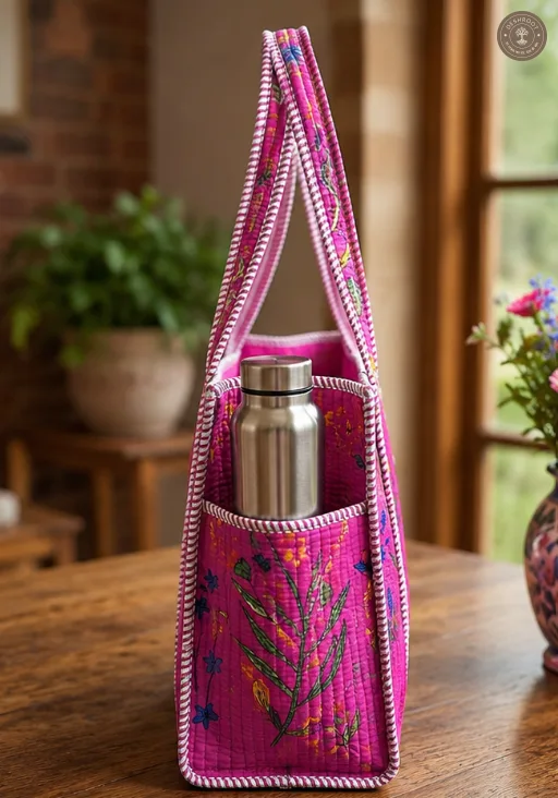 Handcrafted Quilted Pink Floral Cotton Tote Bag with Bottle Pocket