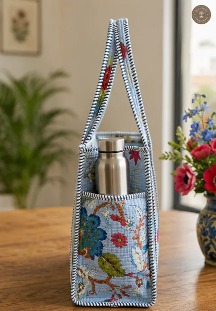 Handcrafted Quilted Floral Cotton Tote Bag with Bottle Pocket