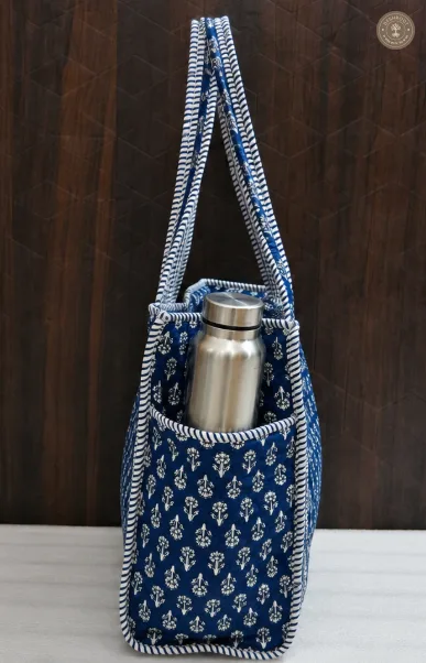 Blue Hand Block Printed Quilted Tote Bag with Bottle Pocket