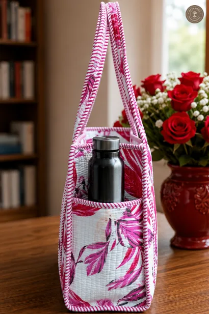 Pink Flamingo Quilted Cotton Tote Bag with Bottle Pocket