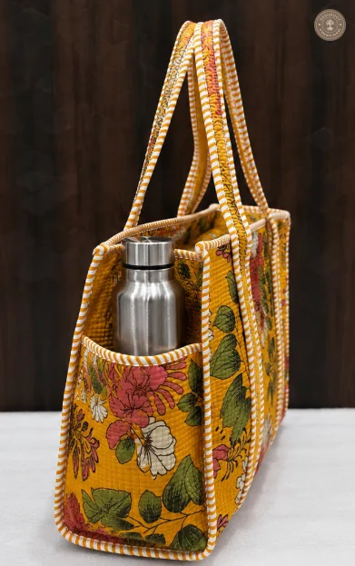 Mustard Floral Quilted Cotton Tote Bag with Bottle Pocket