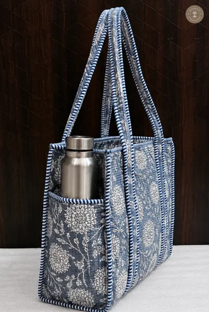 Handcrafted Grey Floral Quilted Cotton Tote Bag with Bottle Pocket