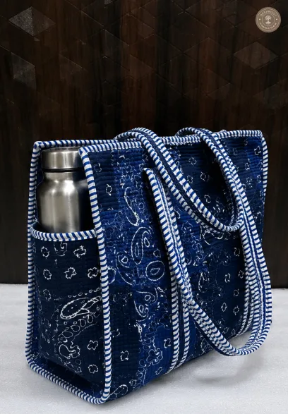 Handcrafted Navy Blue Quilted Cotton Tote Bag with Paisley Print & Bottle Pocket