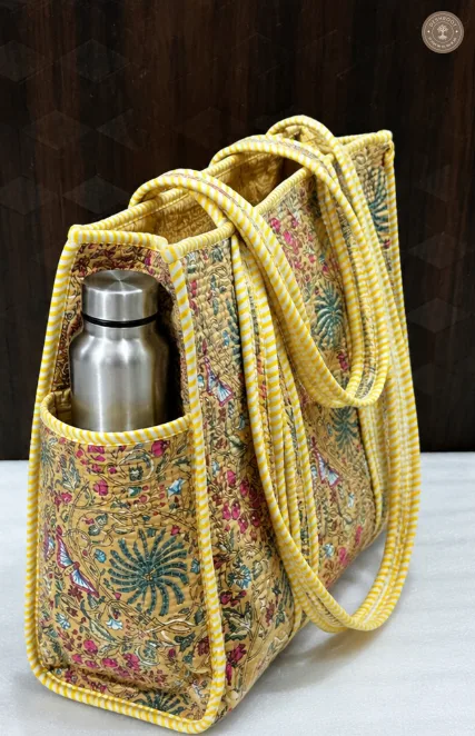Handcrafted Beige Floral Quilted Cotton Tote Bag with Bottle Pocket
