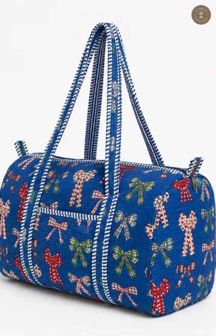 Handcrafted Quilted Blue Printed Duffel Bag