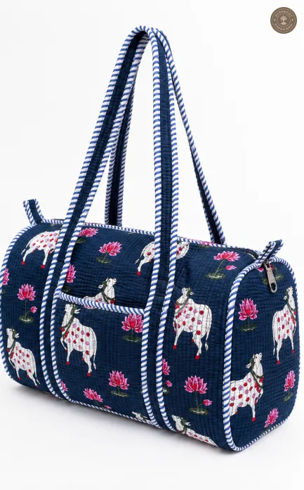 Handcrafted Quilted Blue Cotton Duffel Bag with Animal Print