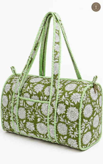 Handcrafted Quilted Green Floral Cotton Duffel Bag
