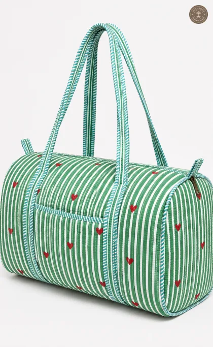 Handcrafted Quilted Green Striped Cotton Duffel Bag with Heart Print