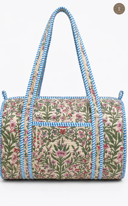 Handcrafted Quilted Floral Cotton Duffel Bag