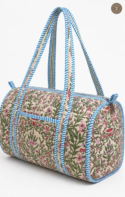 Handcrafted Quilted Floral Cotton Duffel Bag