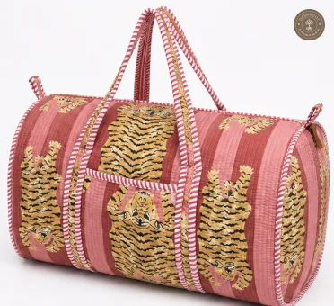 Handcrafted Quilted Tiger Print Cotton Duffel Bag