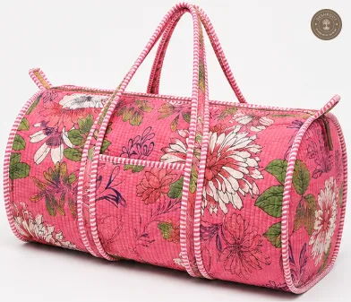 Handcrafted Quilted Pink Floral Cotton Duffel Bag