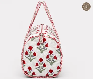 Handcrafted Quilted Red Floral Cotton Duffel Bag