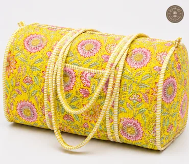 Handcrafted Quilted Yellow Floral Cotton Duffel Bag